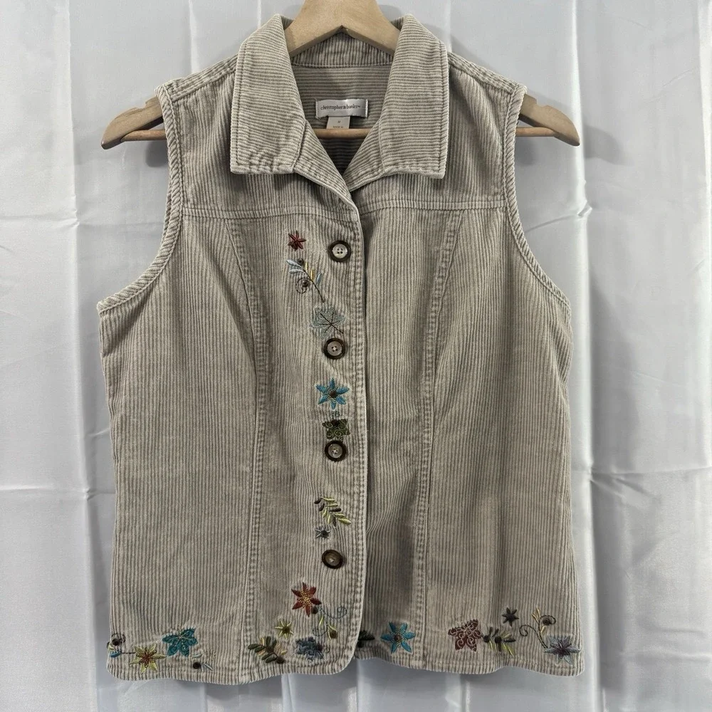 Christopher Banks M Tan Corduroy Vest‎ Cottagecore Embroidered Floral